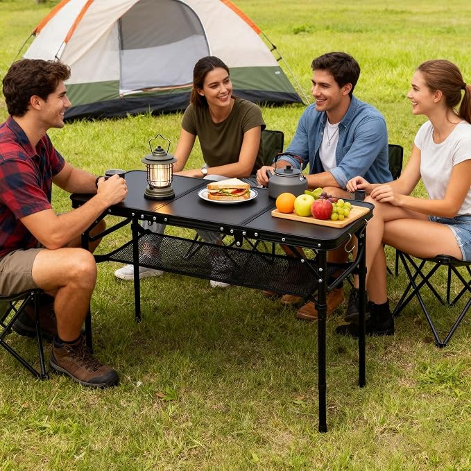YihuiKo Folding Picnic Table with Storage Net, Matte Black Aluminum Folding Table 35" x 16", Adjustable Height Max 27.5", Lightweight Portable for Camping Travel Grill Indoor - Image 2