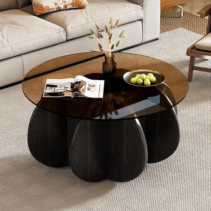 31.5'' Round Coffee Table with Tempered Glass Top, Mid-Century Modern Cocktail Table with Sturdy Wood-Inspired Base, Small Space Living Room Center Table, Easy Assembly (Black + Brown)