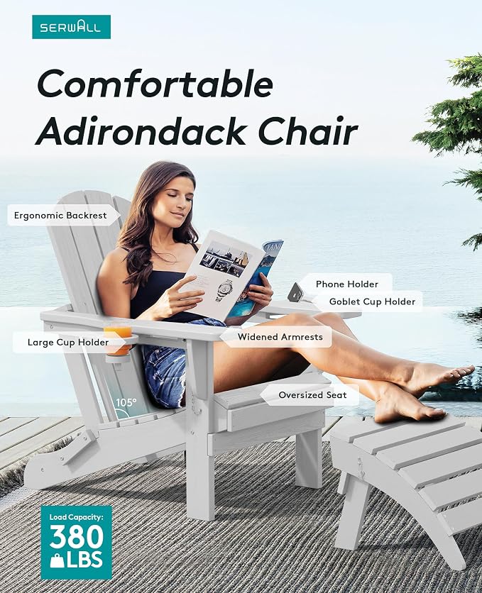 SERWALL Adirondack Chair with Cup Holders - Composite Adirondack Chairs Set of 4 HDPE Outdoor Chairs All Weather Use- Silver Gray - Image 9