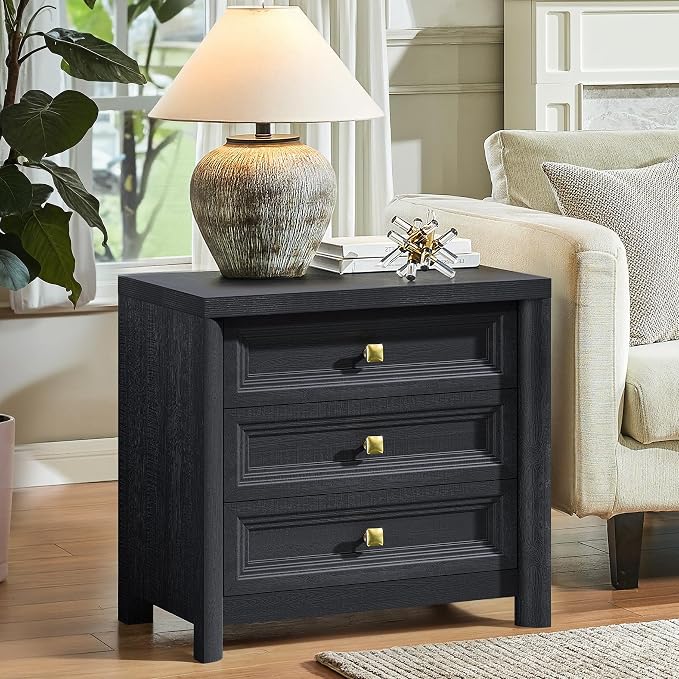 Black Night Stand Set of 2, Farmhouse Nightstand with 3 Drawers, 24.8” Tall Nightstand with Gold Knobs, Wood Bedside Table for Bedroom, Modern End Table for Living Room Office - Image 7