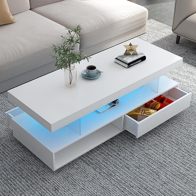 Modern LED Coffee Table with Storage, High Gloss Cocktail Center Table with Drawers, Display Shelves & LED Lights for Living Room, 51.2’’, White