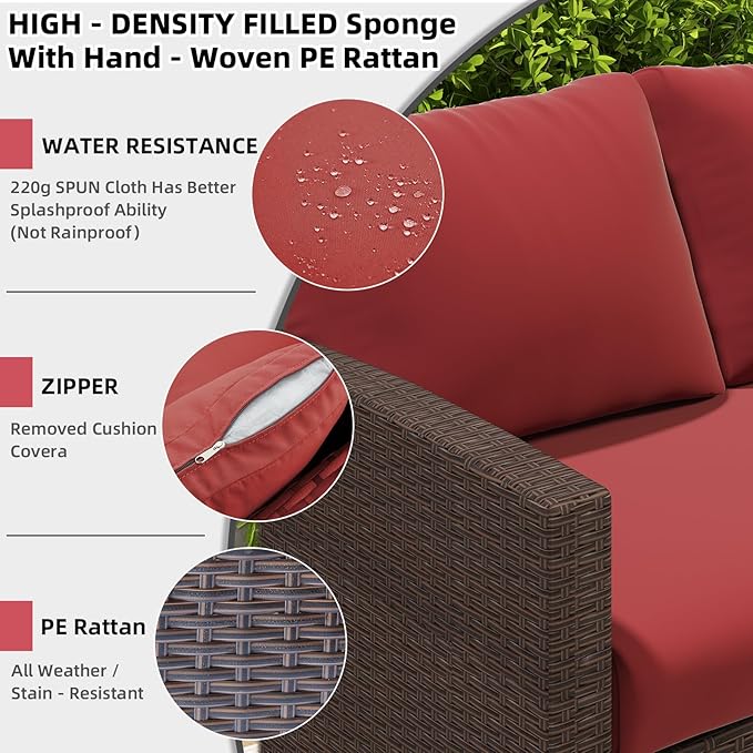 AECOJOY Outdoor Patio Furniture Set, 7 Pieces Clearance Sectional Rattan Dining Table&Chairs, All Weather Wicker Conversation Sofa Couch with Ottoman, Wine Red Cushions&Brown Rattan