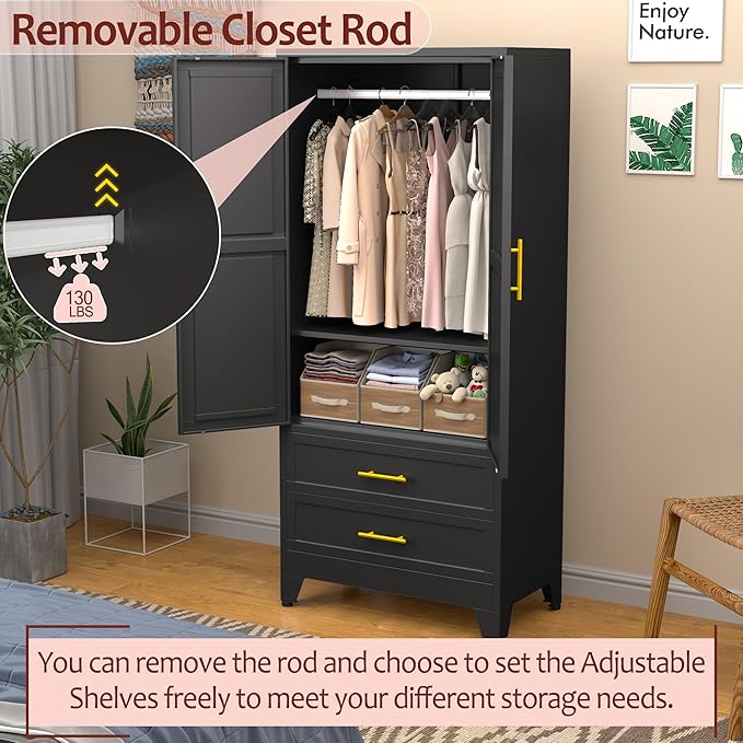 winiowa Metal Armoire Wardrobe Closet with 2 Drawers, 71" Wardrobe Cabinet with Adjustable Shelves and Hanging Rod, Clothing Storage Cabinet Closet for Bedroom-Black