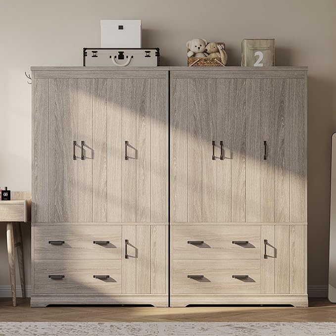 LIKIMIO Wardrobe Closet, 70" Tall 4 Doors Large Wooden Closet with 2 Drawers, 3 Shelves Bedroom Armoire with Hanging Rod, Freestanding Storage Cabinet for Hanging Clothes, Grey
