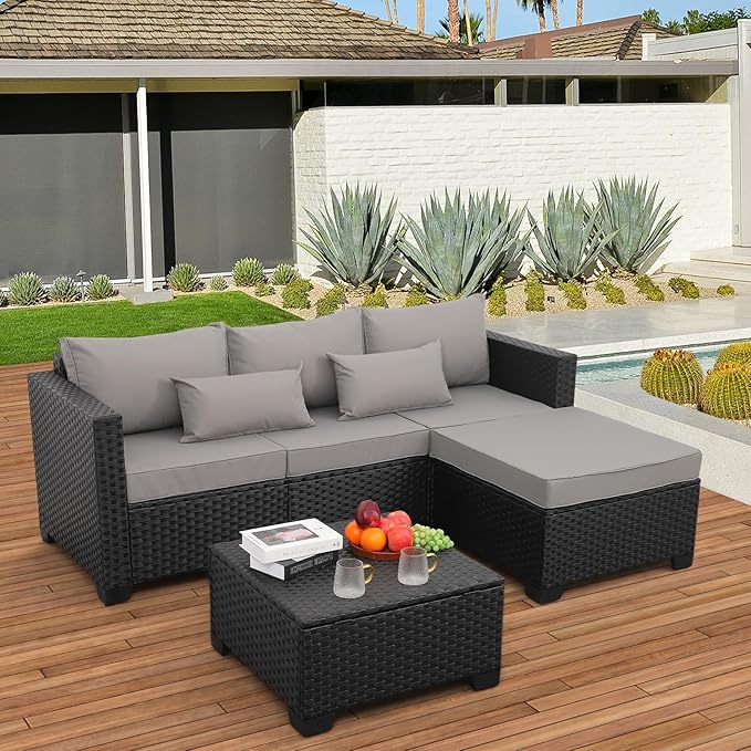 3 Pieces Patio Furniture Set Outdoor Sectional Wicker Patio Furniture Patio Couch with Ottoman and Outdoor Storage Table All-Weather Anti-Slip Cushions Waterproof Covers, Light Grey