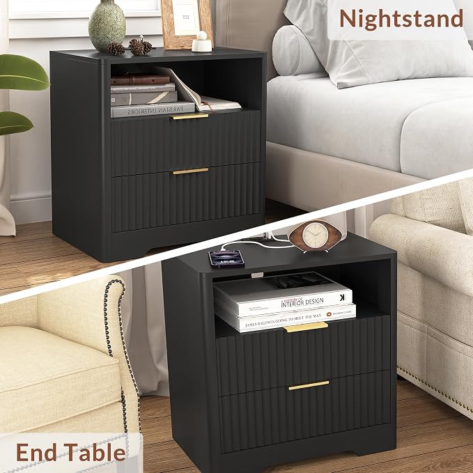 Modern Fluted Nightstands with Charging Station, Drawers, and Smart Night Light, Large Wood Nightstand with Storage Shelf, Side Tables for Bedroom, Living Room (1, Black) - Image 7
