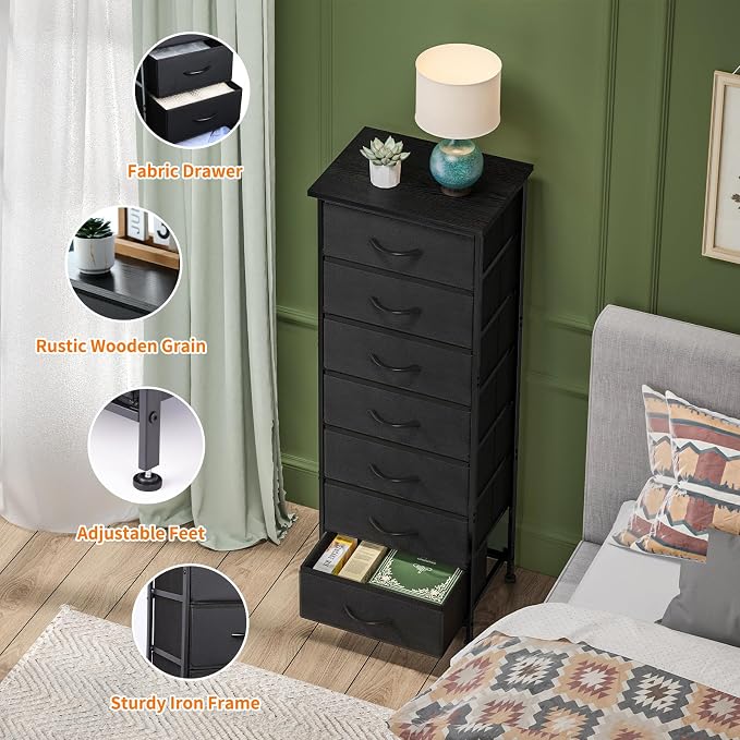 Fixwal Black Tall Skinny Dresser for Bedroom, Narrow Storage Dresser Organizer with 7 Fabric Drawers, Nightstand Furniture in Closet, Entryway, Hallway - Image 4