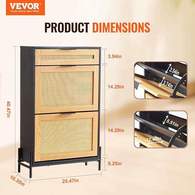 VEVOR Rattan Shoe Cabinet, Narrow Shoe Storage Organizer with 2 Flip Rattan Drawers & 1 Slide Drawer, Metal Legs, Slim Shoe Entryway Cabinet Ideal for Entryway, Closet, Hallway, Black - Image 3