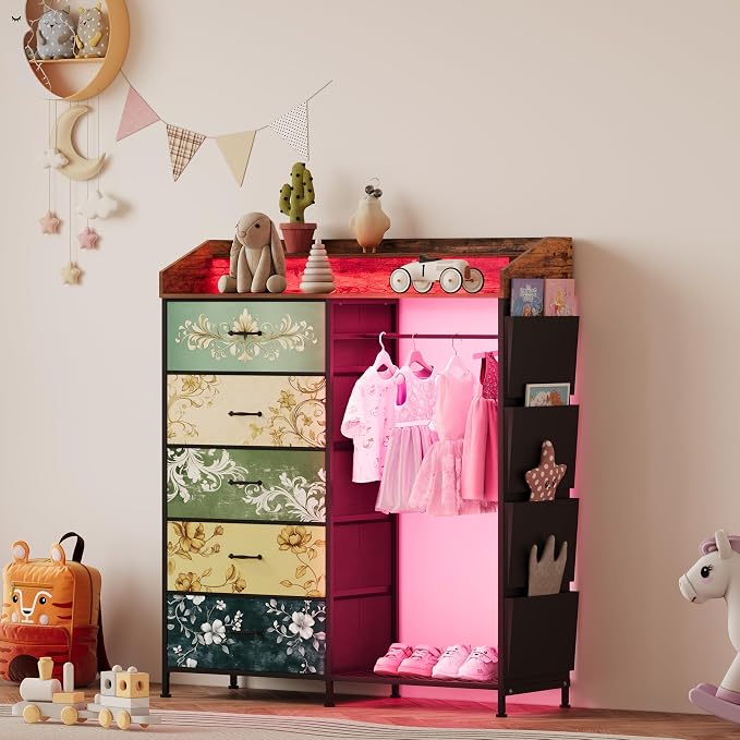 LUMTOK 2-in-1 Dresser with Hanging Racks,5 Fabric Drawers Dressers with LED Lights, Charging Station for Bedroom Living Room, Entryway, Closets (Retro Pattern) - Image 2