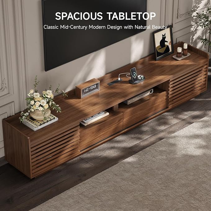 ONBRILL 78.7" TV Stand for TVs Up to 85", Mid-Century Modern Entertainment Center with Sliding Doors and Adjustable Shelves, Media Console TV Cabinet with Drawers for Living Room (Walnut) - Image 4