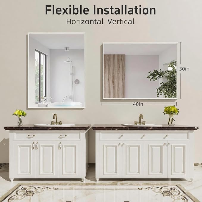 40” x 30” White Bathroom Mirrors for Over Sink, Rectangular Vanity Mirror, Metal Framed Decorative Mirror for Living Room, Bedroom, Tempered Glass, Anti-Rust, Horizontal/Vertical - Image 4