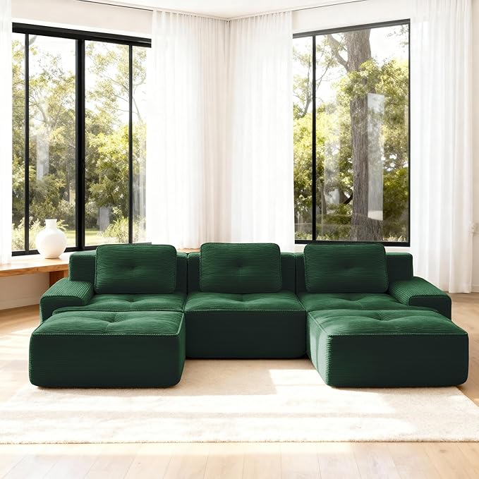 Casaphoria 115'' Green Modular Sofa Set, 3-Seat U-Shaped Corduroy Couch with 2 Ottomans for Large Living Room No Assembly Required Deep Seat Sectional Couch