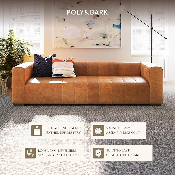 Poly & BARK Canale 99” Sofa – Modern 3-Seater Couch for Living Rooms – Performance Fabric Upholstery, High-Density Foam Cushions, Tapered Legs, Minimal Assembly – Cognac Tan