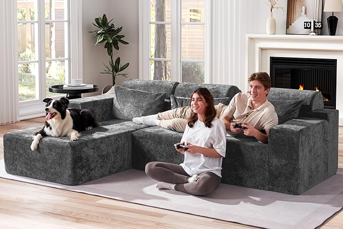 Homguava Modular Sectional Couches for Living Room,105" Cloud Couch with L-Shape Chaise,Comfy Sofa Living Room Couch with Deep Seat,No Assembly L Couch,Luxury Distressed Velvet(Grey,L)