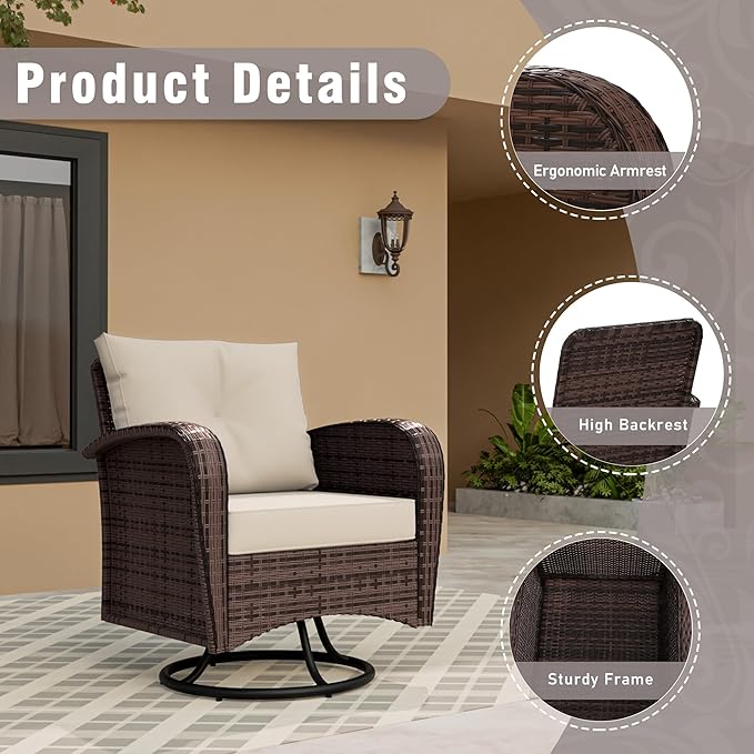 4 Piece Patio Conversation Set - 2 Swivel Chairs 1 Coffee Table 3-Seater Sofa, PE Wicker & Steel Patio Furniture with Heavy-Duty Steel Frame,Weatherproof Cushions, Beige