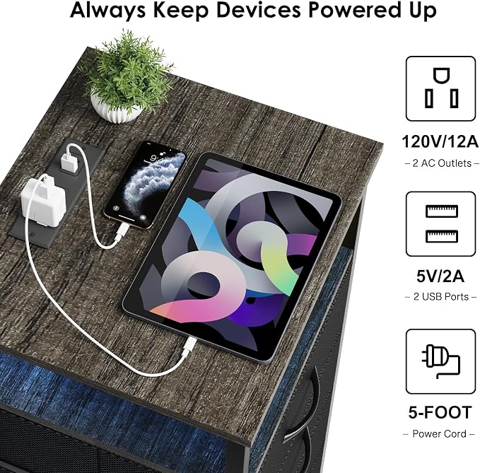 Fixwal Night Stand with Charging Station, LED Nightstand with U-S-B Ports and Outlets, 3 Fabric Storage Drawers with PU Finish, Bed Side Table, Charcoal Gray - Image 5