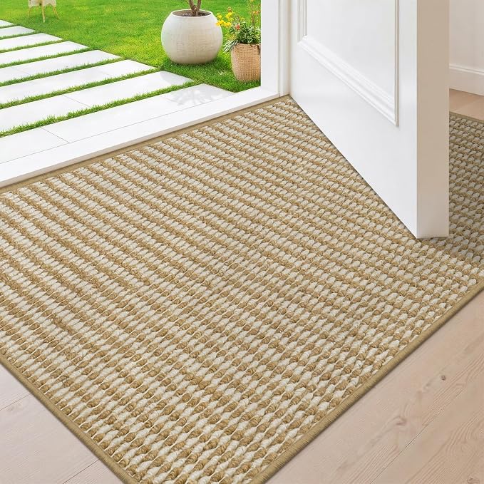 Dirt Trapper Door Mat 20" x 32", Non-Slip Indoor Door Mats, Absorbent Washable Door Mat Indoor Entrance, Low-Profile Inside Doormat Floor Rugs for Entryway and Entry, Beige White (Fold) by Unknown