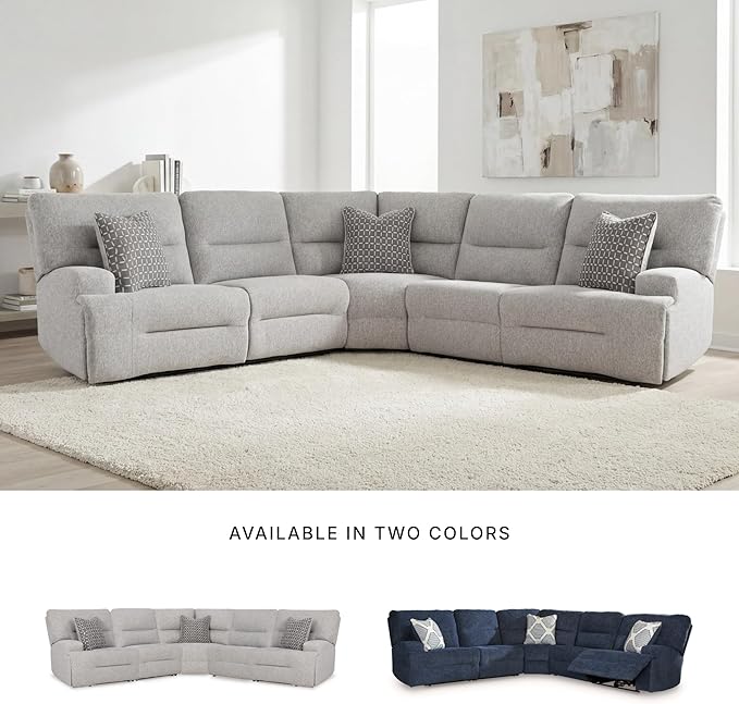 Signature Design by Ashley Acklen Place Stain Resistant Contemporary 5-Piece Power Reclining Sectional with Armrest, Throw Pillows and USB Port, Gray
