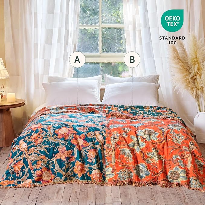 Boho Throw Blanket - 100% Cotton Ultra Soft Muslin Blanket, 60"x80" Lightweight Floral Bird Framhouse Bedding Spring Blanket for Bed, All Season Blue Bohemian Bedroom Home Decor Quilt