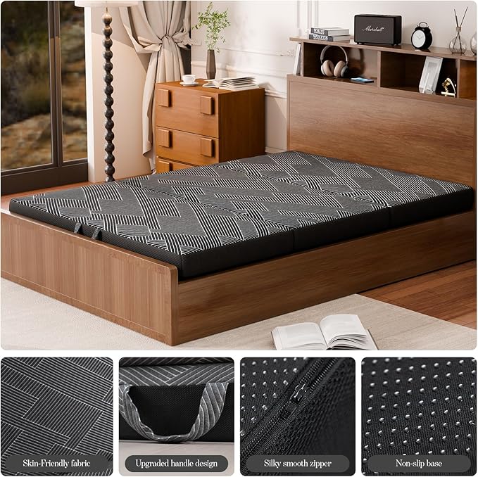 Tri Folding Mattress King Size - Foldable Mattress Trifold Memory Foam Mat with Washable Cover, Handle & Non-Slip Bottom Portable Foldable Floor Sofa Bed for Travel Camping Guest - 6 Inch, 80"x76"x6"