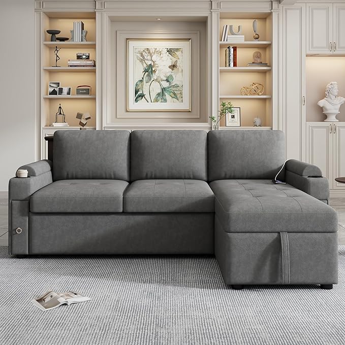 Eafurn 83.5" Sleeper Sectional Sofa with Pull Out Couch Bed, Convertible L-Shaped Sofa with Storage Chaise, Quick Assemble Sleeper Corner Sofa with Cup Holders & USB Ports