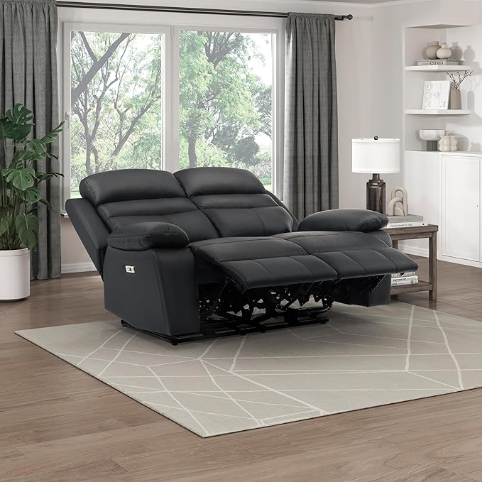 Lexicon Recliner Sofa for Living Room, Double Reclining RV Couch, Power Wall Hugger Recliner Home Theater Seating Leather Match Reclining Sofa, with USB Charge Port, 64''W Loveseat, Black