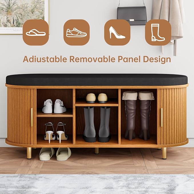 DHH 2-Tier Storage Bench,Wide Shoe Bench with Thickened Padded Seat Cushion, Mid Century Modern Fluted Sliding Door and Adjustable Shelf, for Entryway, Living Room, Bedroom (Yellow Walnut, 43.3“) - Image 5