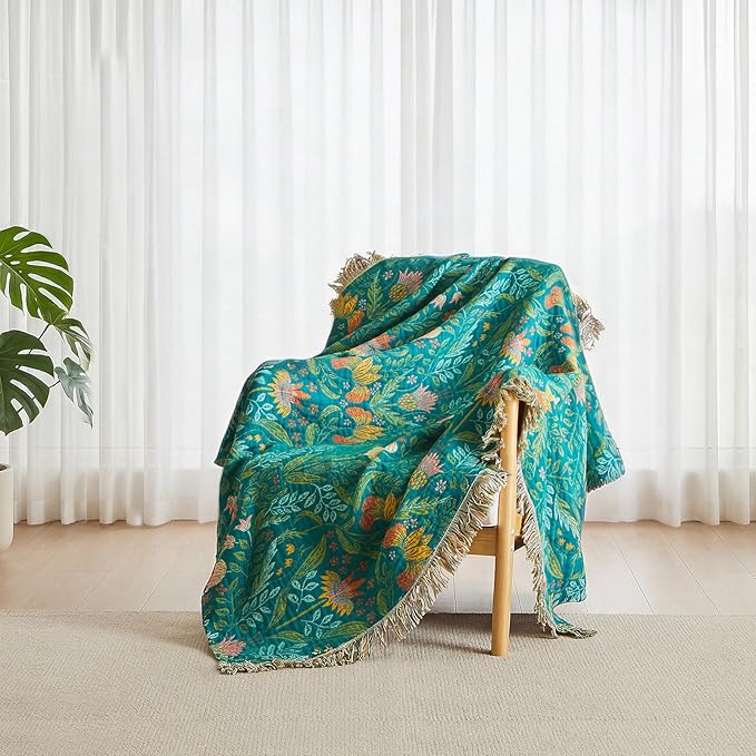 Boho Throw Blanket - 50"x60" 100% Cotton Soft Breathable Lightweight Bed Blanket, Reversible Muslin Spring Blankets Green Floral Farmhouse Decor Rustic Quilt for Bed Couch