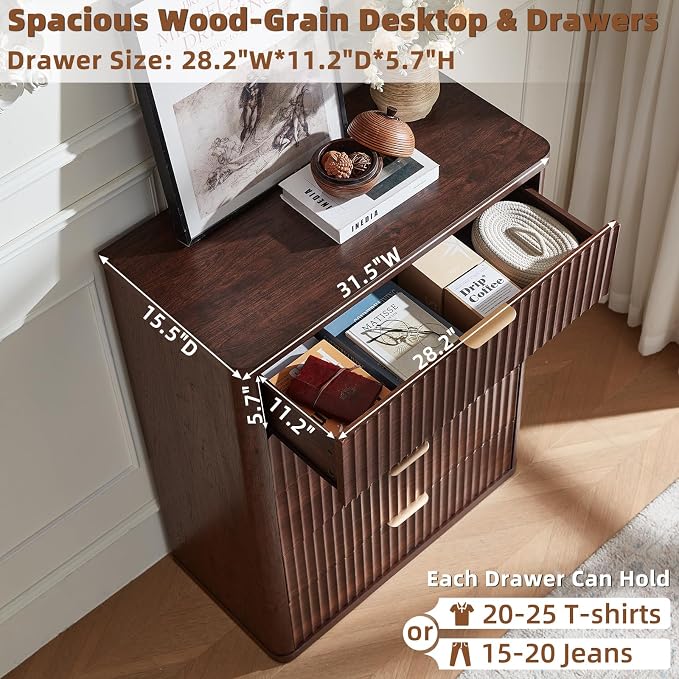 LEYAOYAO Fluted 5 Drawers Dresser Set of 2, 41" Tall Modern Chest of Drawers with Metal Handle, Curved Profile Dresser TV Stand, Wooden Drawer Organizer for Bedroom, Living Room, Hallway, Walnut - Image 6