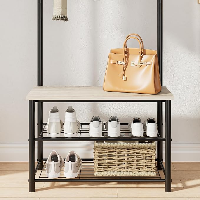 Hall Tree with Bench and Shoe Storage, 3-in-1 Coat Rack, Freestanding Wooden Coat Rack with Shoe Bench with Metal Frame, 3-Tier Storage Shelf and 9 Removable Hooks, Greige - Image 7