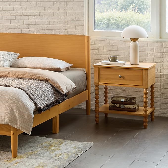 AMERLIFE 24" Wood Nightstand Set of 2, Vintage Bedside Table for Bedroom, Solid Wood Night Stand with Turned Legs, End Table with Drawer & Open Shelf, Natural Finish - Image 8