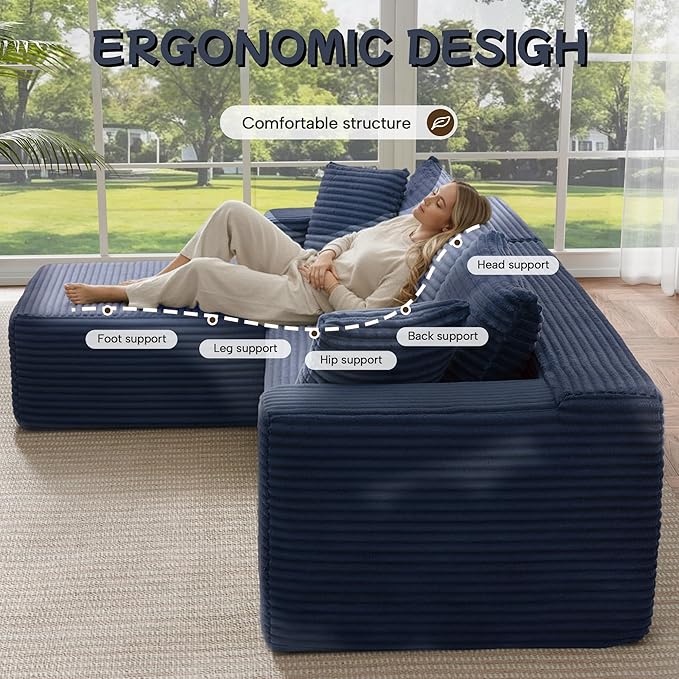 Cloud Sectional Couch, 105” Fluffy Modular L-Shape Sofa with Right Chaise Lounge, Modular Sectional Sofa in a Box, Boneless Couch for Living Room, No Assembly Required, Flannel Blue