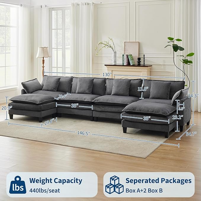 GarveeHome 147" U Modular Sectional Sofa, Corduroy Cloud Couch with Movable Ottoman & Throw Pillows, Modern L/U-Shaped Sofa, Comfy Deep Seat Couch for Living Rooms, Offices, Bedroom and Apartment