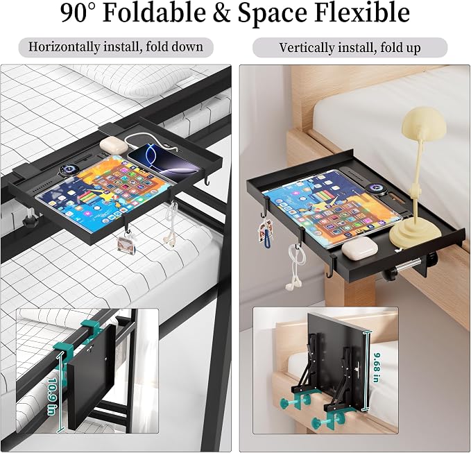 Foldable Bedside Shelf, Metal Clip-On Bed Tray Table for Bunk Bed & Dorm Beds, Dorm Room Essentials Organizer for College Students, Floating Tray, Space Saving Nightstand for Loft Beds (Black, Large) - Image 3