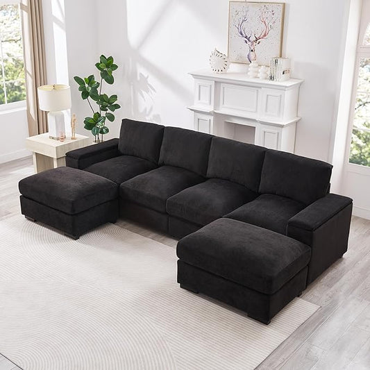 122" Oversized Modular Sectional Sofa Cloud Couch with 2 Ottomans, Comfy Corduroy Upholstered Deep Seat Large U Shaped Lounge Sofa&Couches with Hidden Arm Storage Box