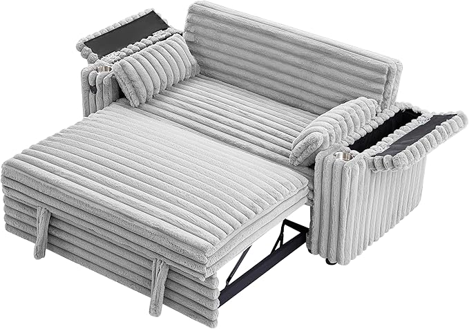 Eafurn 3 in 1 Convertible Sleeper Sofa Bed Recliner Daybed,Corduroy Upholstered Pull Out Couch Bed w/USB & Type C Port, Oversized Futon Loveseat w/Adjustable Backrest &Cup Holder for Living Room