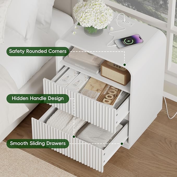 Wodeer White Nightstand with Charging Station, Mid Century Modern Bedside Table & End Table, Fluted Wood Small Night Stand with 2 Hidden Drawers and Storage Shelf for Bedroom - Image 6