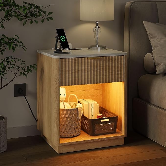 24” Tall Nightstand - Fluted Night Stand with Charging Station & LED Light Faux Marble Top Bedside Table with Curved Profile Design for Bedroom/ 1 Drawer, Natural Wood - Image 2