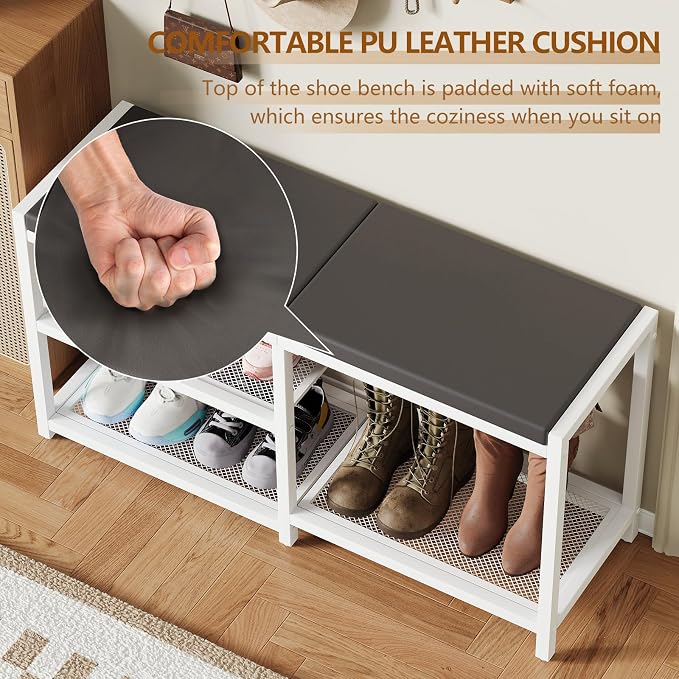 ZHOOGE Shoe Bench & Rack Storage Bench with Seat Cushion, Stable Entryway Bench Holds Up to 300 lb, (35" L x 12" W x 17" H, White) - Image 5
