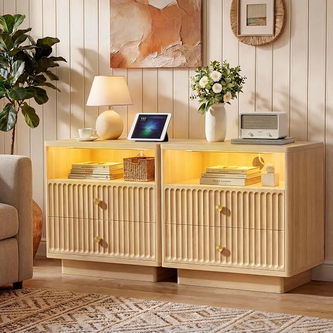 PAPROOS 23'' Fluted Nightstand Set of 2 with Charging Station, Modern Bedside Table with Motion Sensor LED Light, 2-Drawer Storage Cabinet for Bedroom & Home Office (2pc Natural Wood) - Image 2