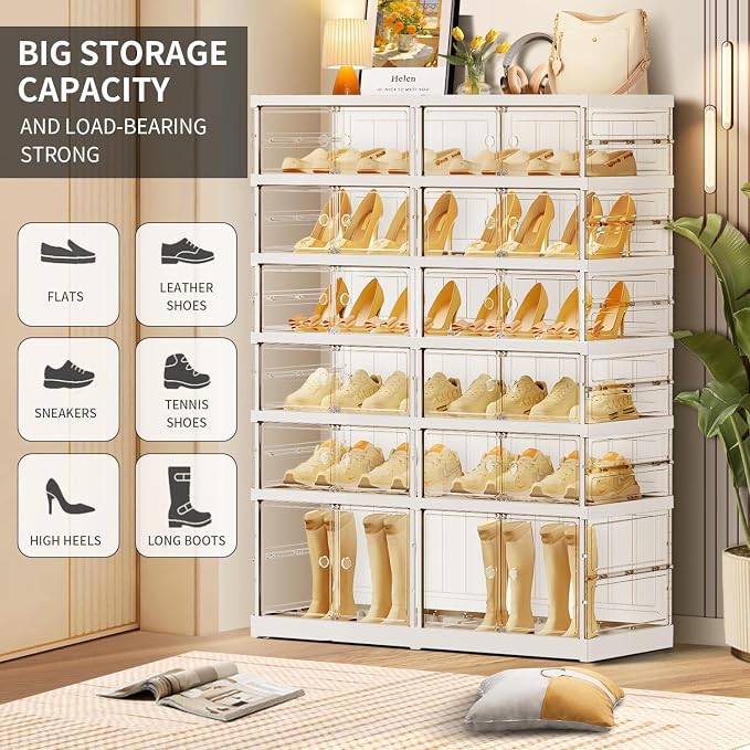 CIMLORD 6-Tier Foldable Shoe Rack for Closet Entryway 12-24Pairs,Stackable Clear Shoe Storage Boxes Organizer with Door Plastic Shoe Cabinet Bins with Lids Shoes Shelf Easy Assembly Large White - Image 3
