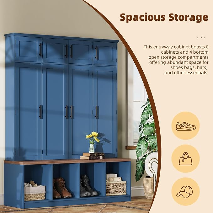 Hall Tree with Bench and Shoe Storage Compartments for Entryway, Particle Board Multi-Functional Cabinet with 4 Hanging Hooks, Blue - Image 7