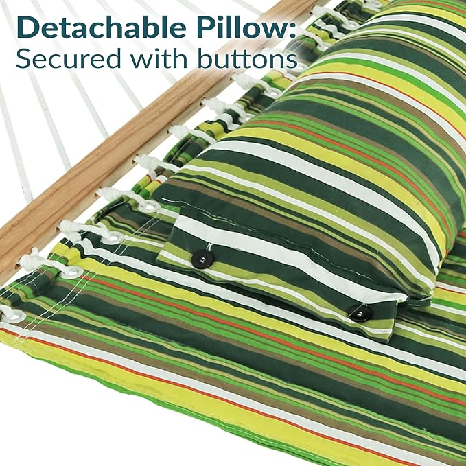 Sunnydaze Quilted Double Hammock for Outside with Spreader Bars and Pillow - 450 lb Capacity, 74x55 Inch Bed, UV Resistant, Quick Dry - Chains Included, Stand Sold Separately - Melon Stripe - Image 7
