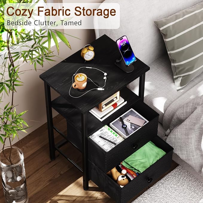 LOAKEKEL Night Stand, Nightstand with 2 Fabric Drawers for Bedroom, Small End Table with Open Storage Shelf for Living Room, Bedisde Table for Apartment, Black, HETS002BK-1 - Image 4