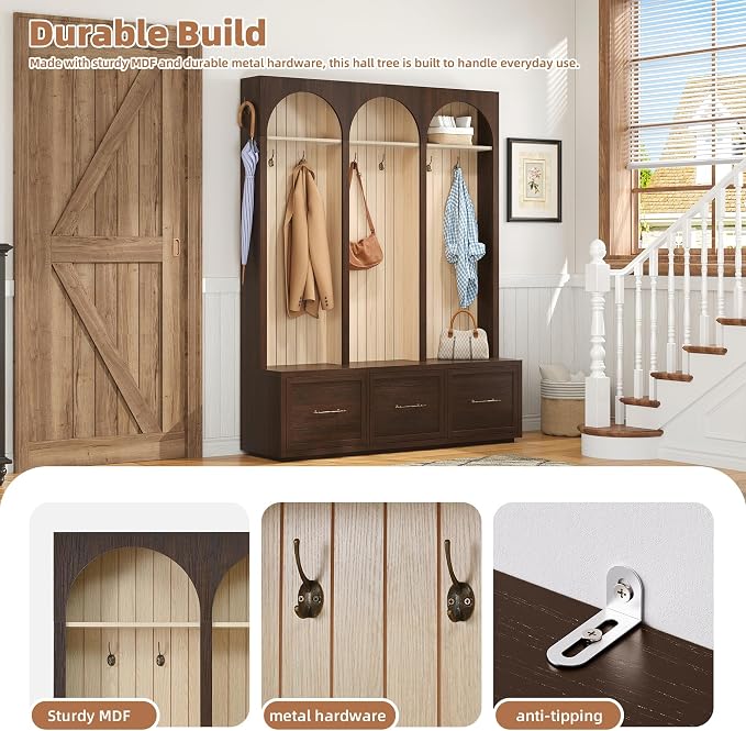 Merax Farmhouse Wood Hall Tree with Shoe Bench and 3 Drawers, 4-in-1 Coat Rack with 8 Hooks for Entrance, Hallway, Mudroom Dark Walnut - Image 6