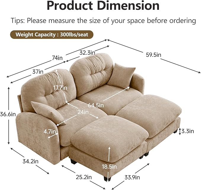 KEIKI 74" Oversized Chenille Modular Sectional Loveseat Sofa with 2 Ottoman, High-Density Foam Cushions, Tufted Pleated Cushion Backrest, Modern 2-Seater Couch with 2 Pillow, for Living Room, Camel