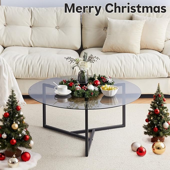 Round Coffee Table, 35.4 Inch Circle Glass Top Center Table with Iron Legs, Modern Minimalist Design for Living Room, Office (Black Top)