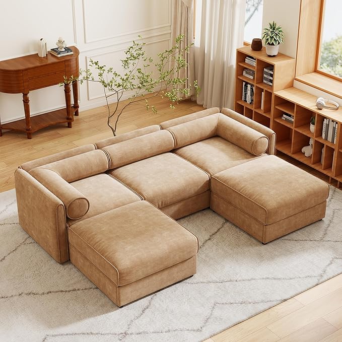 KEIKI 109" U-Shaped Modular Chenille Sectional Sofa with Storage Seat, 2 Ottoman, Modern Style 3-Seater Couch with Cylindrical Backrest and Armrests, Easy Assembly, for Apartment, Living Room, Camel