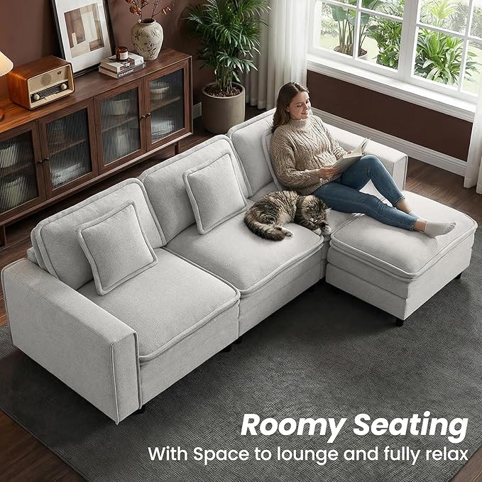 Modular Sectional Sofa 107", Comfy Cloud Couch with Ottoman, Deep 4-Seat L Shaped Modular Sofa, Couches with Throw Pillows for Living Room, Beige
