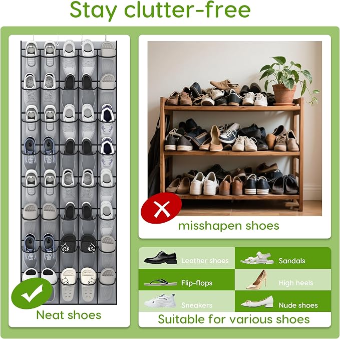 Unjumbly Over the Door Shoe Organizer with 40 Large Breathable Mesh Pockets, Space Saving Shoe Holder, Hanging Shoe Rack for Entryway Bedroom Closet Storage (Grey, 80 Pockets) - Image 6
